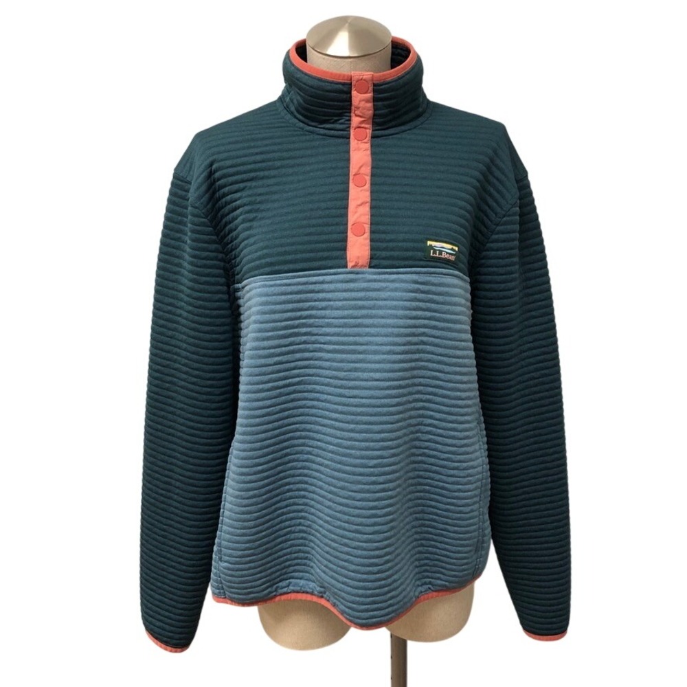 L.L.Bean AirLight Knit Pullover Womens Large Teal Blue Colorblock Snap Neck